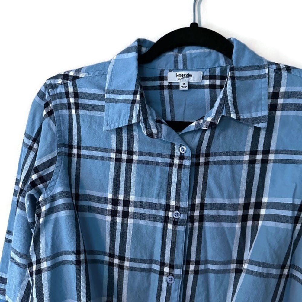 Kensie Blue Plaid Button Down Tie Front Button Down Shirt, Size Medium - Picture 3 of 5